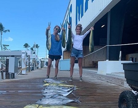 Two women holding up their catch